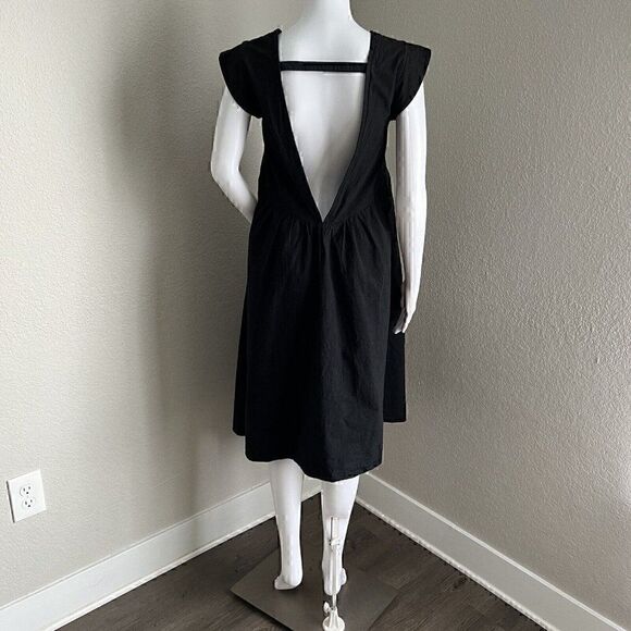 Datura Empire Waist Dress Size 1 S Black Cap Sleeve Midi 100% Cotton VBack Spain - Picture 9 of 9